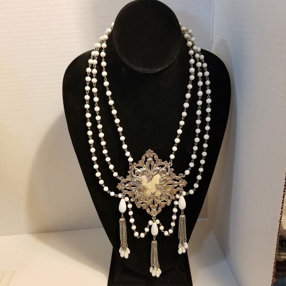 Victorian revival style necklace milk beads 16" with 4" extension white stone pe